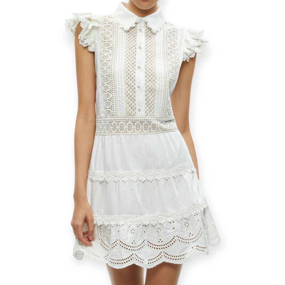 Alice + Olivia Meeko Embroidered White Ruffled Sleeve Shirt Dress